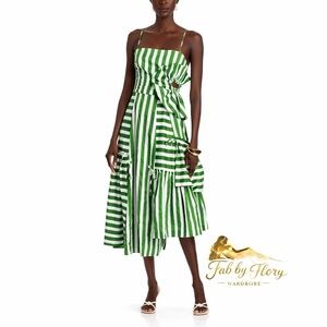 FARM Rio Green and White Striped A-Line Midi Skirt